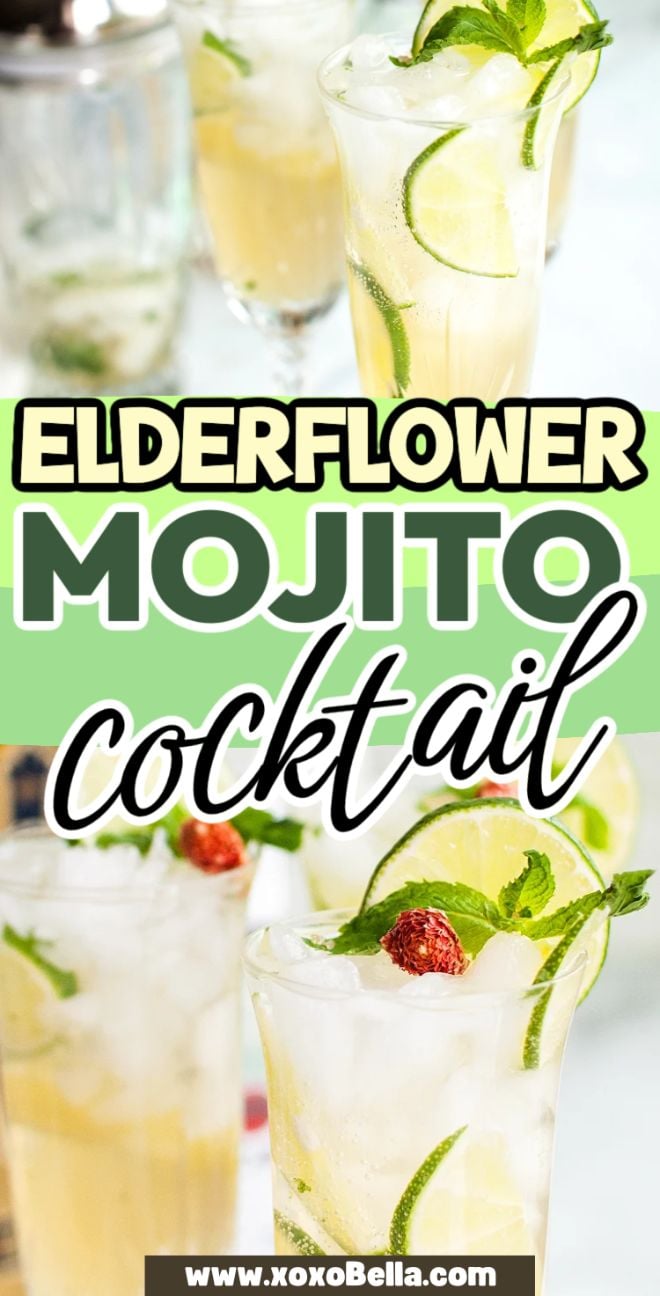 Two glasses of elderflower mojito, a refreshing Rum Cocktail inspired by the classic Cuban mixed drink, garnished with lime, mint, and dried strawberry, with text overlay.