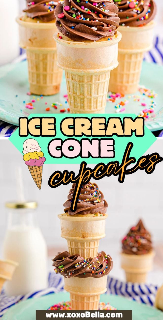 Chocolate-frosted homemade cake cones with colorful sprinkles, stacked and displayed on a plate—perfect cupcakes for birthday parties.