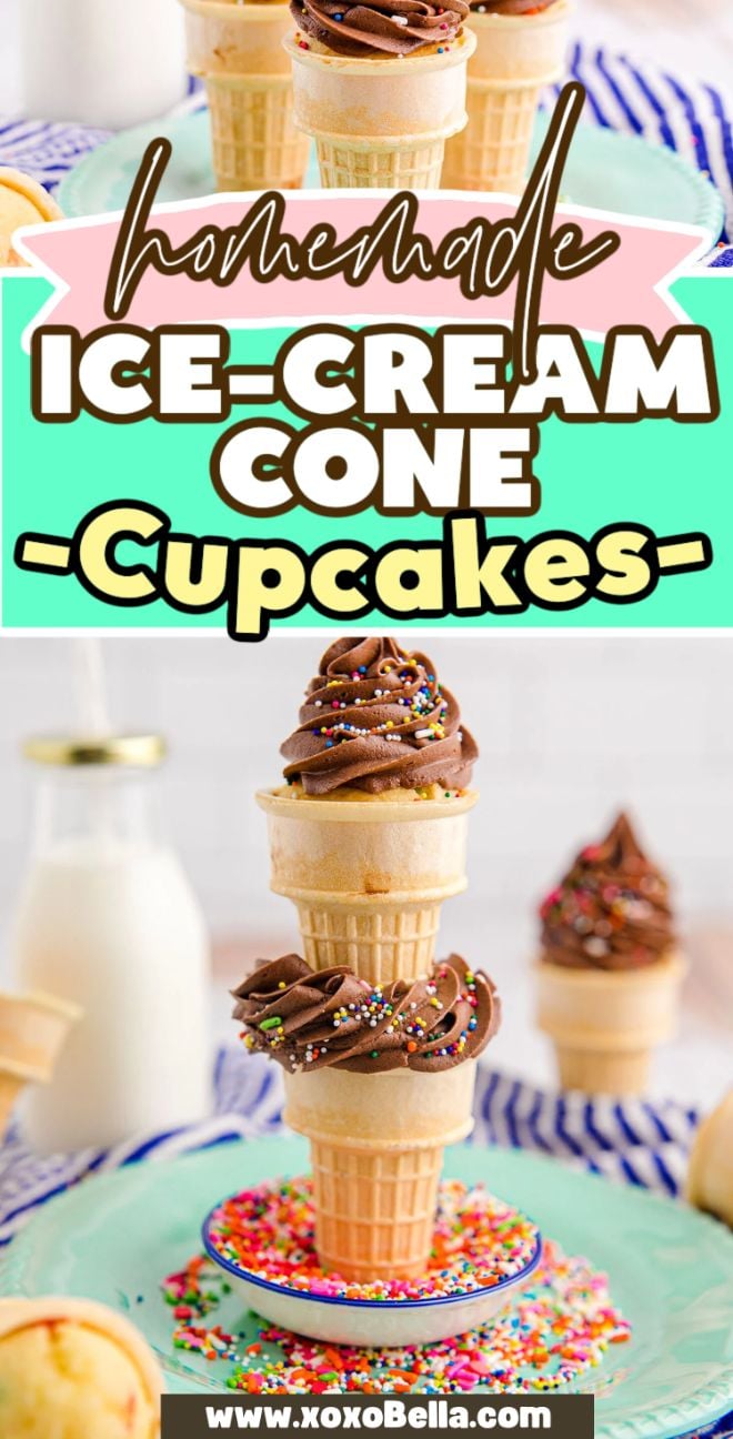 Ice Cream Cone Cupcakes made with funfetti cake mix, topped with chocolate frosting and sprinkles, stacked on a plate with colorful decorations—perfect cupcakes for birthday parties!.