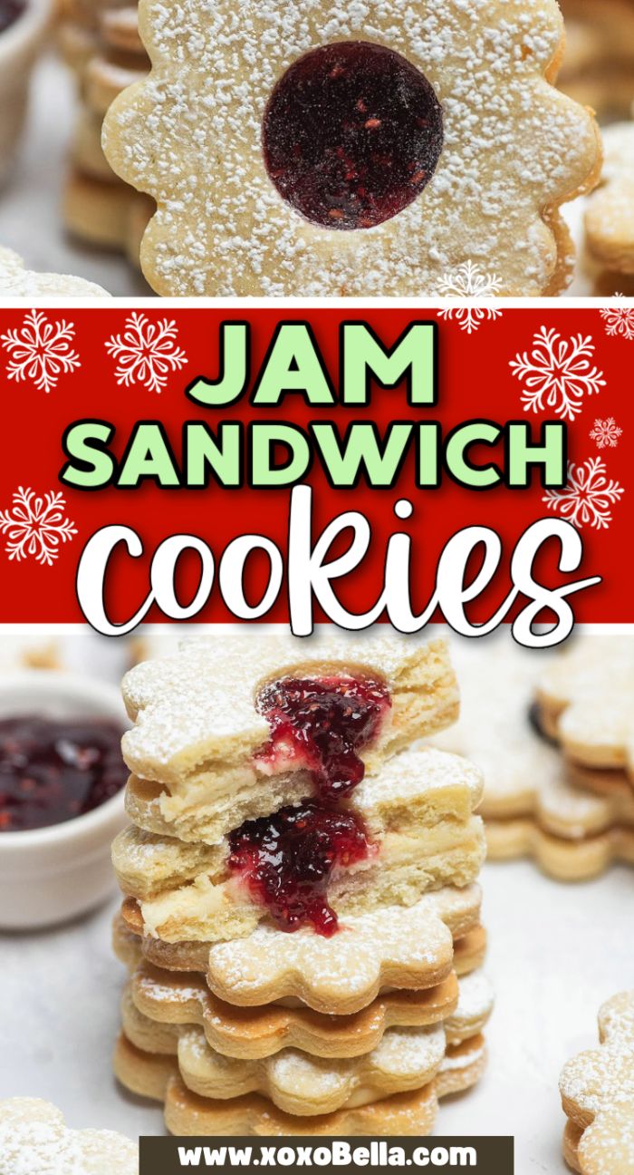 Stacked Jam Sandwich Cookies with powdered sugar and jam filling, shown whole and broken open. These icing and jam filled cookies are flower-shaped delights perfect for enjoying with tea or coffee.