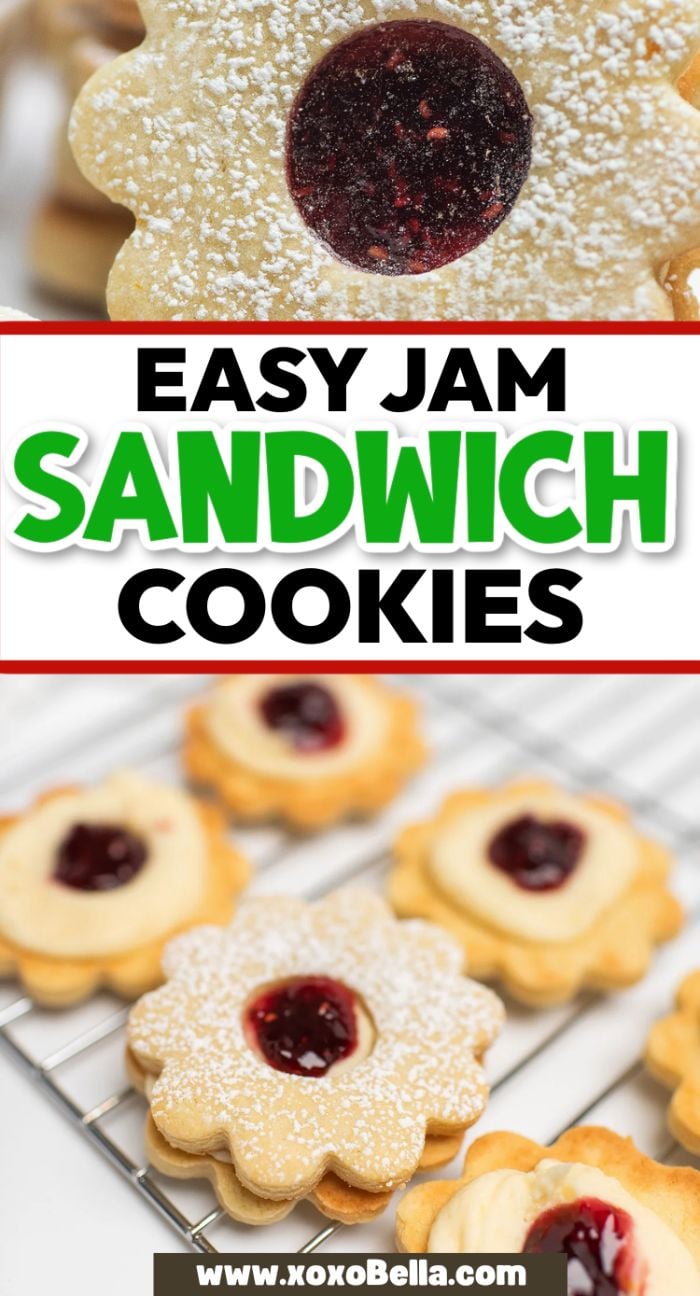 Icing and jam filled cookies with powdered sugar on top and sweet jam centers, stacked high on a cooling rack.