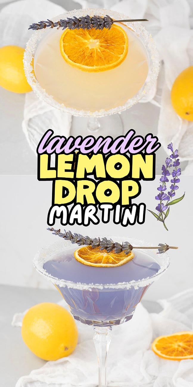 Two martinis, one yellow and one purple, garnished with orange, lavender, and sugar rim, with lemons nearby.