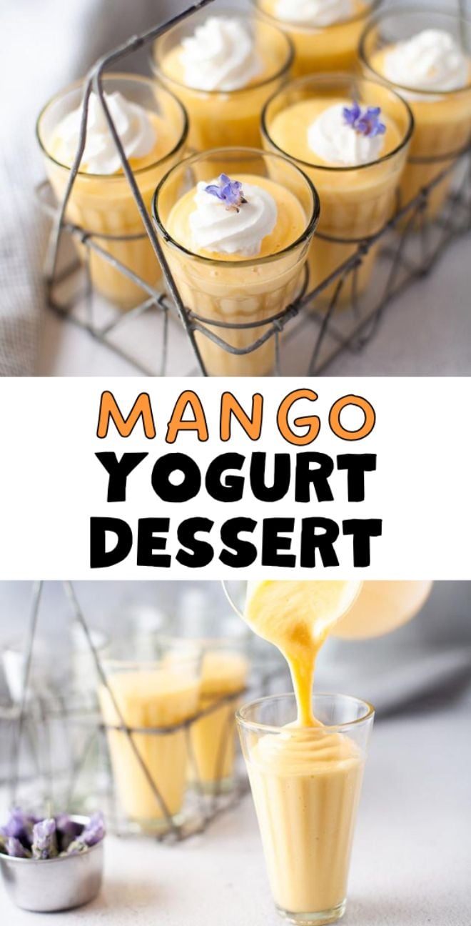 Six glasses of Mango Yogurt Dessert topped with whipped cream and flowers, with one being poured in close-up—a healthy dessert for kids that's as beautiful as it is delicious.