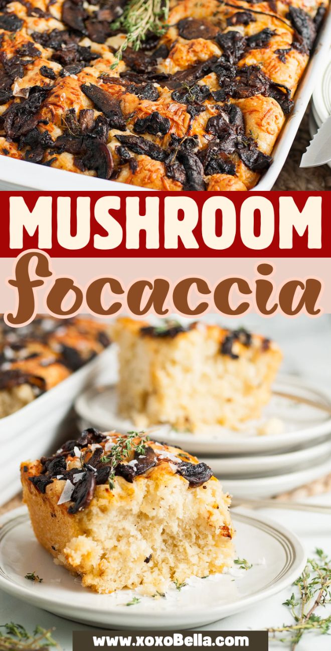 A close-up of sliced Mushroom Focaccia on plates, with a baking dish in the background—this savoury mushroom bread is a delicious twist on classic Italian focaccia.