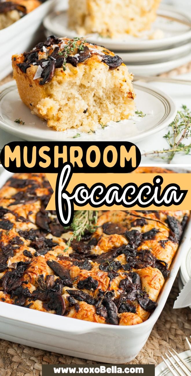 Close-up of Mushroom Focaccia in a baking dish and a slice served on a plate, garnished with fresh herbs—showcasing one of the best focaccia toppings for savoury mushroom bread lovers.