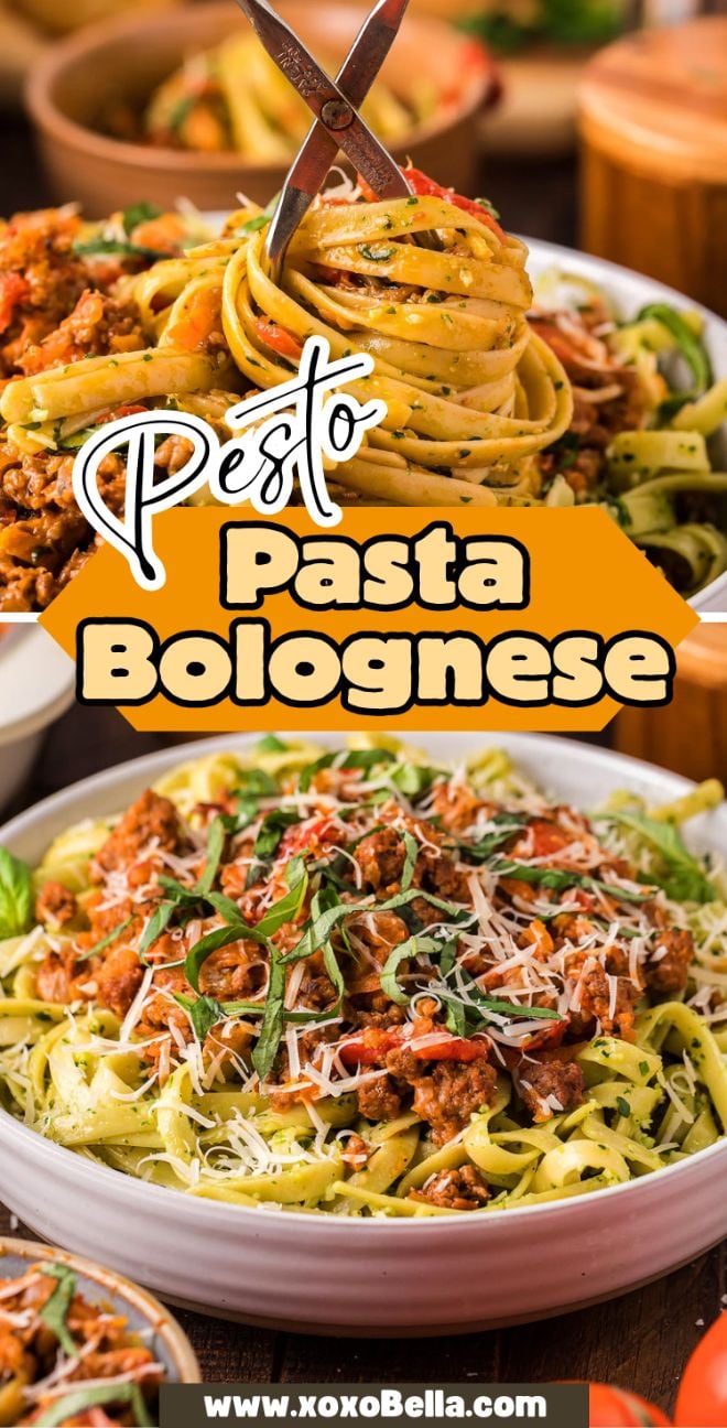 Closeup of Pesto Pasta Bolognese topped with meat sauce and grated cheese, served in bowls—perfect for a cozy pasta dinner.