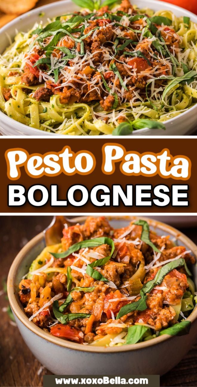 Two bowls of Pesto Pasta Bolognese topped with fresh basil and grated cheese—an inviting pasta dinner perfect for any night.
