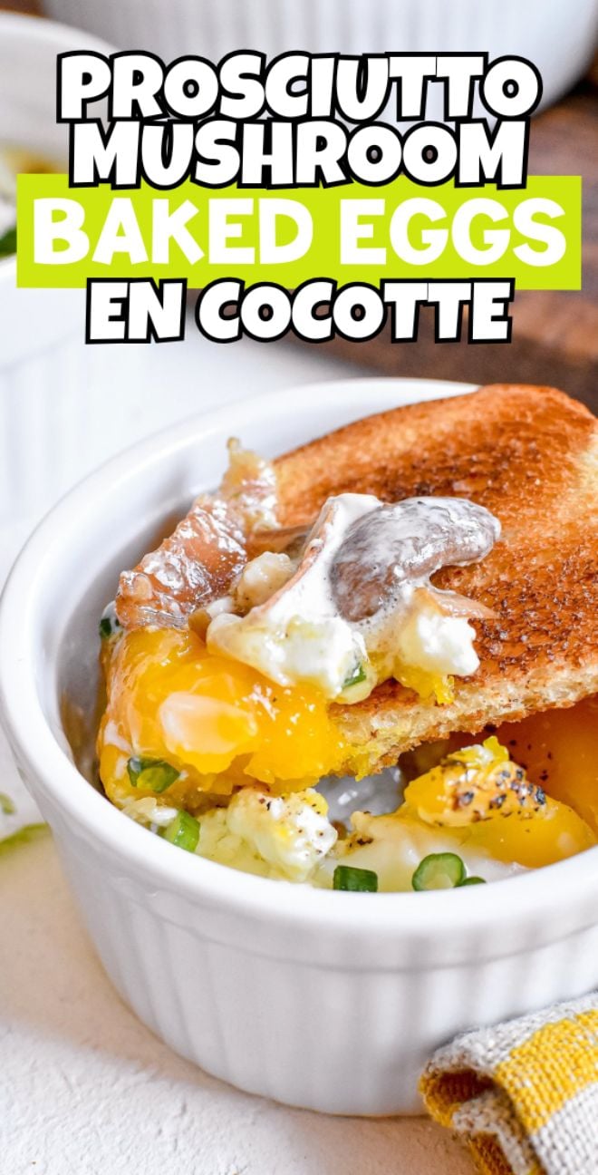 Enjoy these Prosciutto and Mushrooms baked eggs in ramekins, served with toast and topped with fresh herbs for a delightful, savory breakfast.