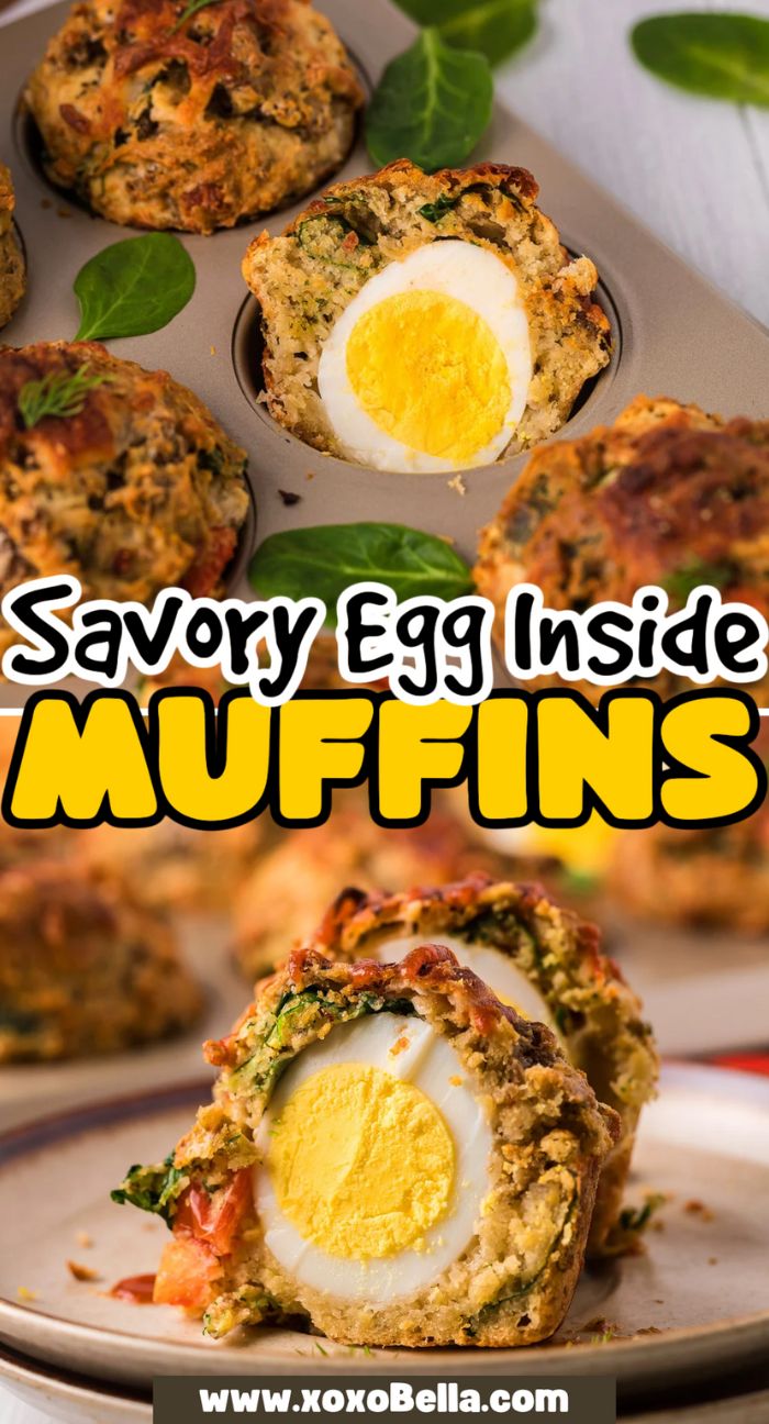 Savory Egg Inside Muffins make the perfect breakfast to go, featuring whole soft boiled eggs baked inside. Shown in a muffin tin and sliced open on a plate, they're a delicious and convenient morning treat.