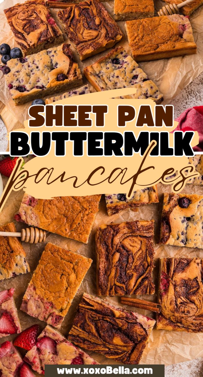 Assorted sheet pan buttermilk pancakes with blueberry and cinnamon swirl and honeybun flavors, inspired by the Tik Tok recipe trend, cut into squares on parchment paper.