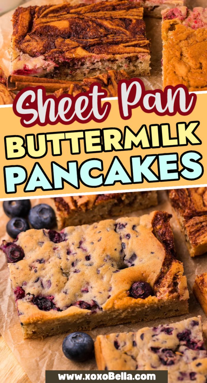 Top: Sliced Sheet Pan Buttermilk Pancakes. Bottom: Pancake pieces with blueberry on parchment paper—a delicious Tik Tok recipe trend you’ll want to try.