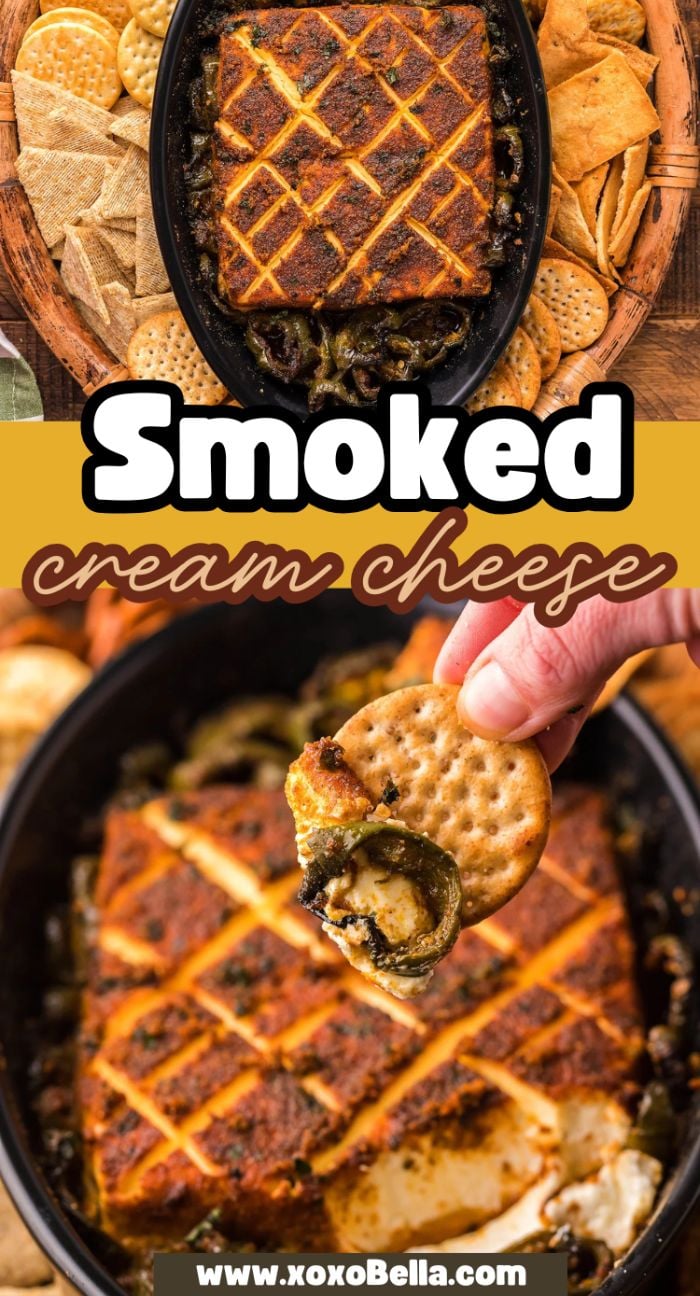 Smoked Cream Cheese, made viral by TikTok recipes, is topped with savory seasonings and served with crackers and chips on a platter. Try it on your pellet grill or Traeger smoker for irresistible flavor!.
