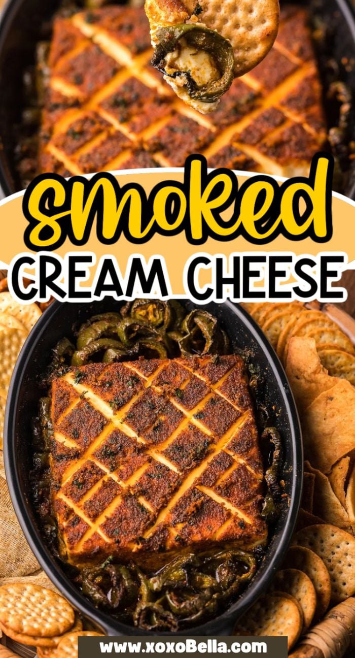 A smoked cream cheese block, a viral TikTok recipe, topped with spices and served as an irresistible appetizer dip alongside crackers and sliced jalapeños.