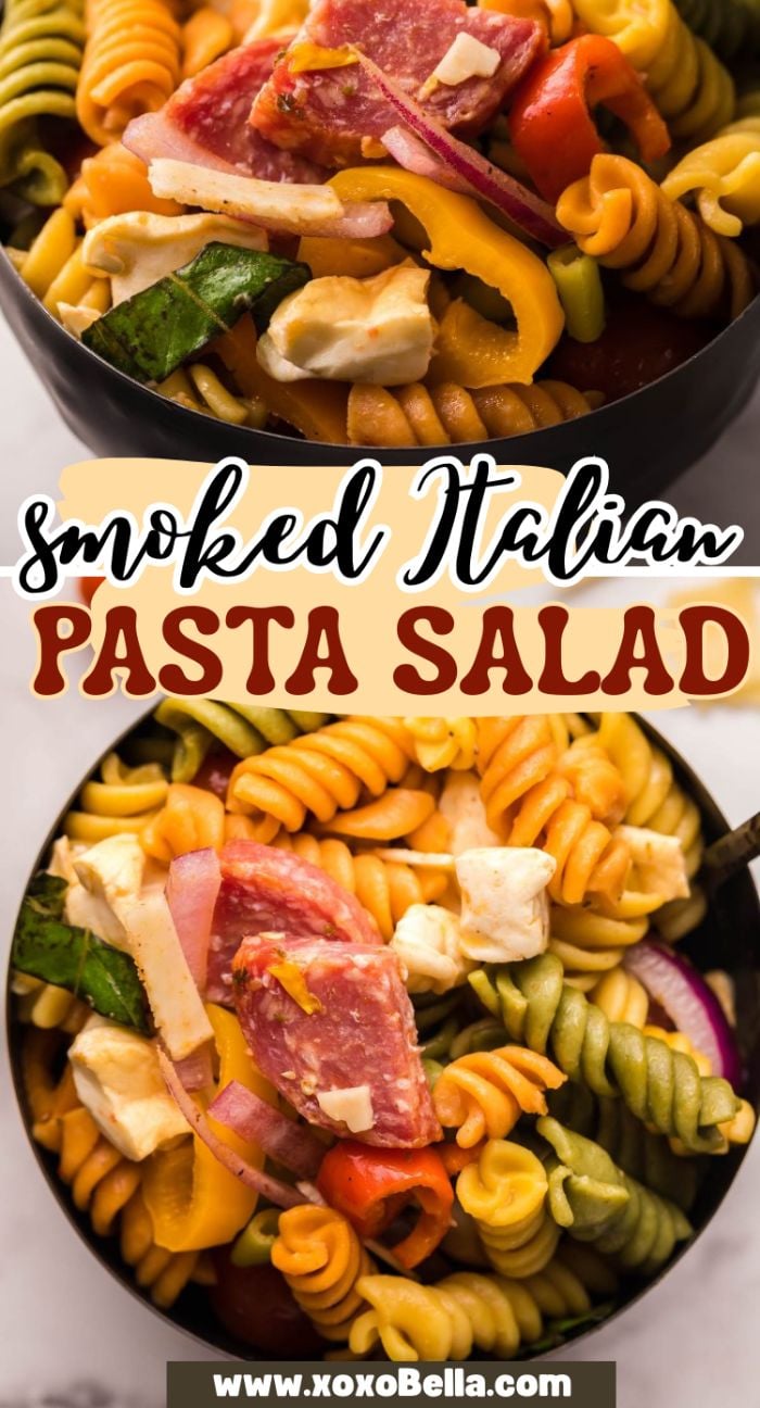 Smoked Italian Pasta Salad with salami and mozzarella cheese, peppers, and red onion served in a black bowl—perfectly infused with flavor using a pellet smoker or Traeger grill.