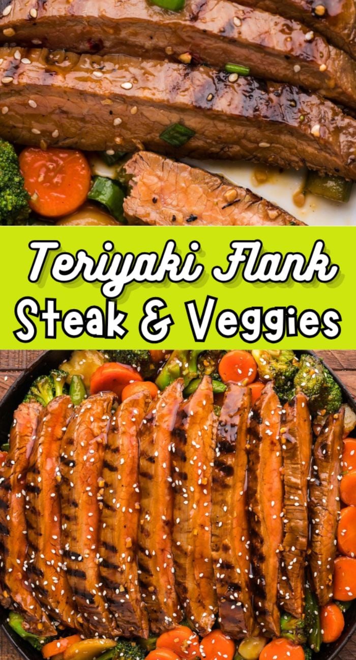 Sliced Teriyaki Flank Steak and Veggies, cooked on a cast iron grill pan, garnished with sesame seeds and green onions.