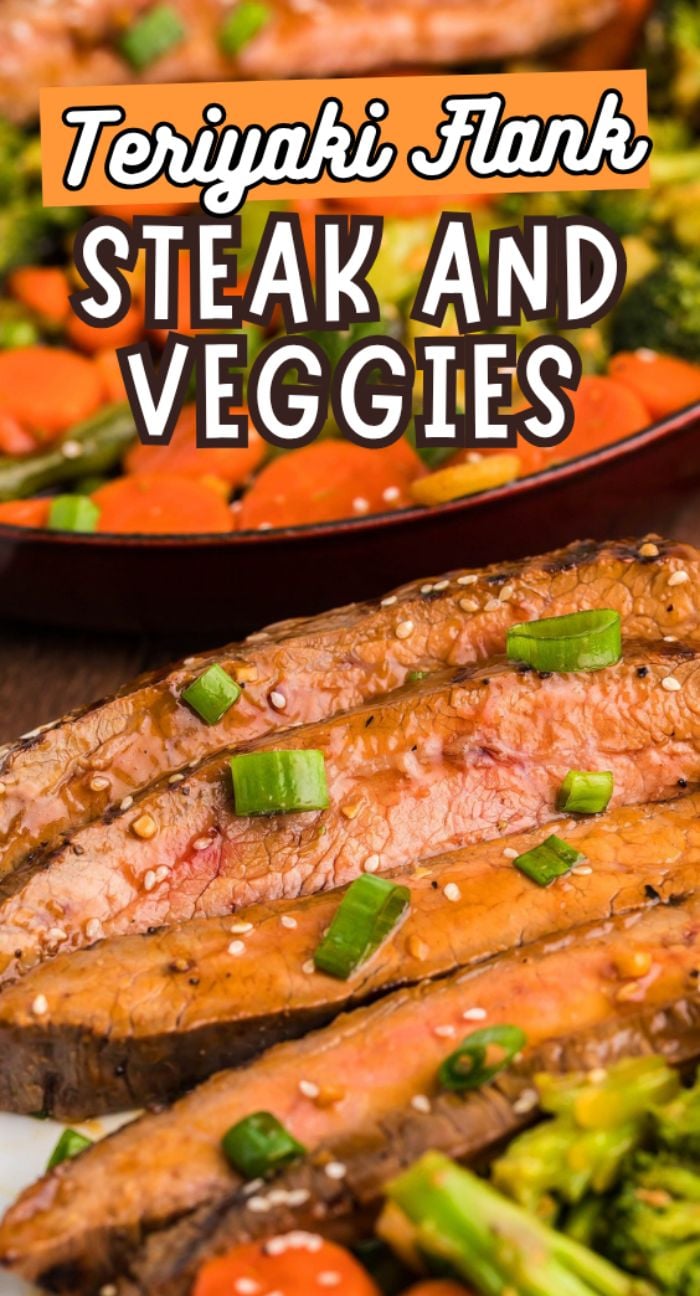 Sliced Teriyaki Flank Steak and Veggies topped with green onions, served with carrots and broccoli—a quick steak dinner prepared perfectly on a cast iron grill pan.