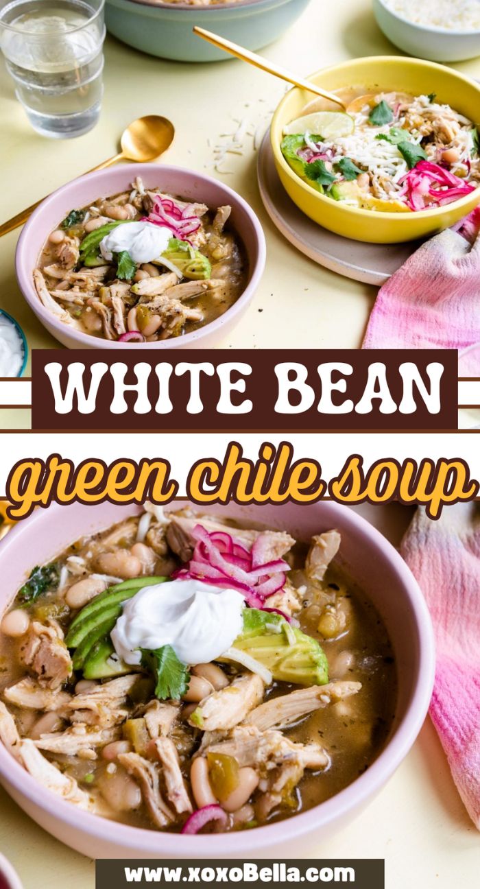 Bowls of Mexican inspired white beans and green chilies soup topped with sour cream, cilantro, and pickled onions on a table.