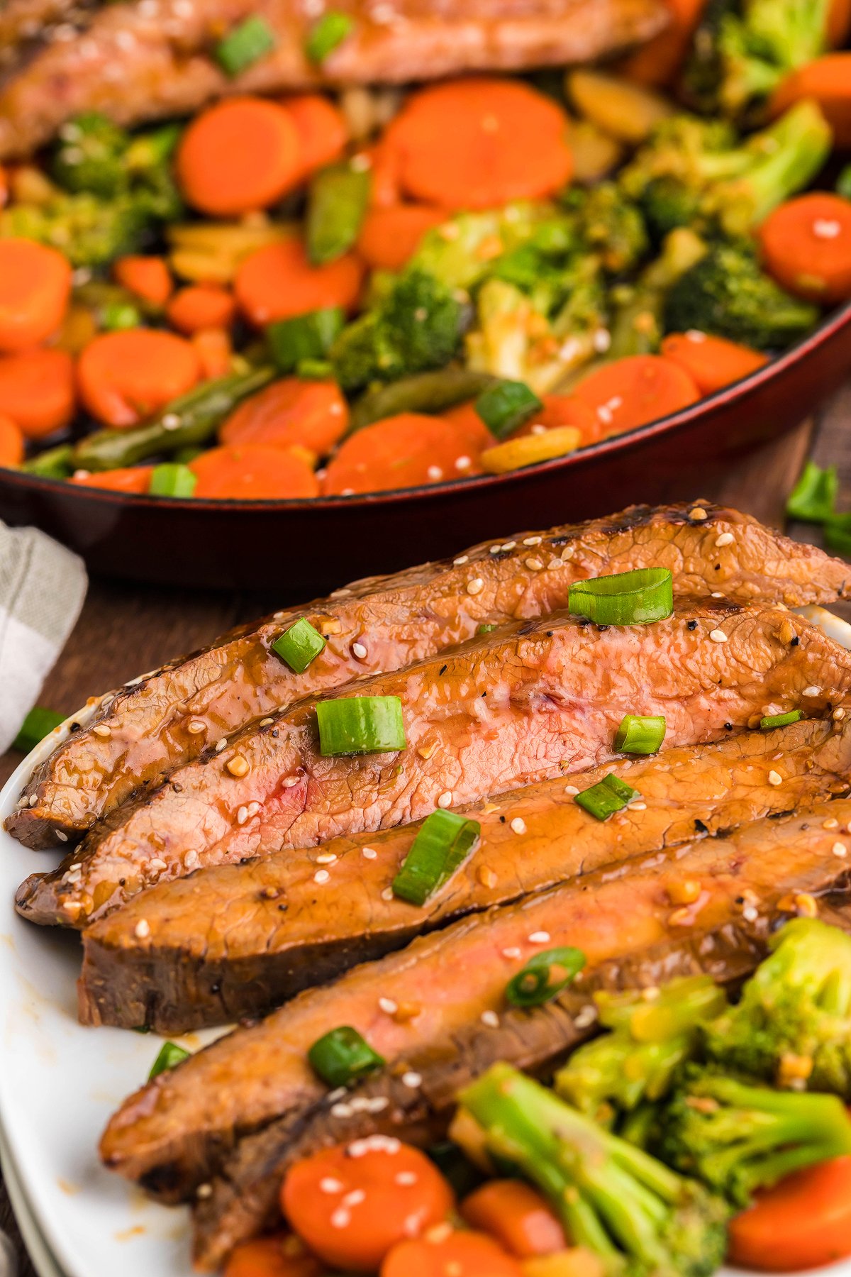 Teriyaki Flank Steak and Veggies: Sliced steak garnished with green onions and sesame seeds, served with carrots and broccoli—a quick steak dinner perfect for any night.