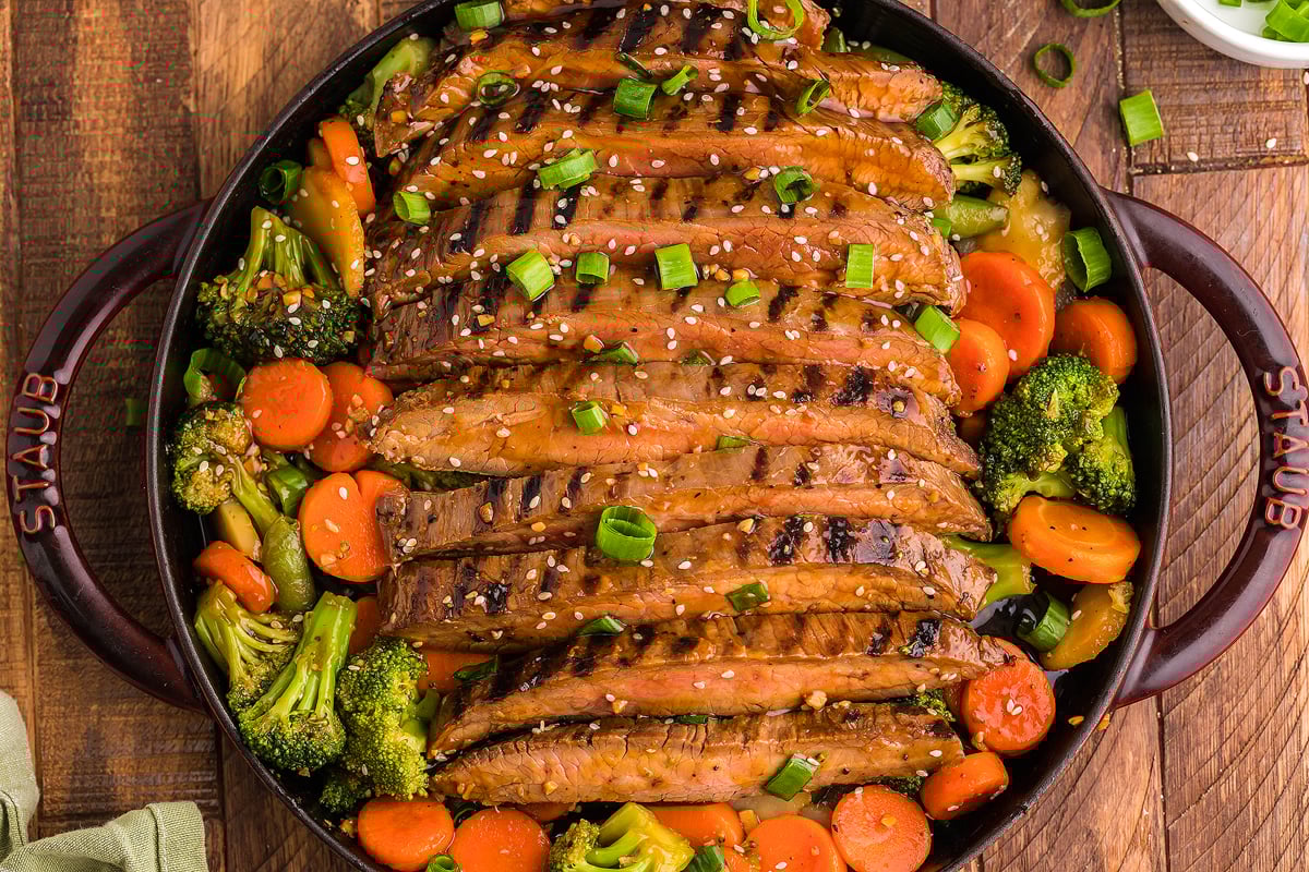 Grilled steak slices on mixed vegetables with sesame seeds and green onions in a round skillet—this Teriyaki Flank Steak and Veggies dish is the perfect quick steak dinner for busy weeknights.