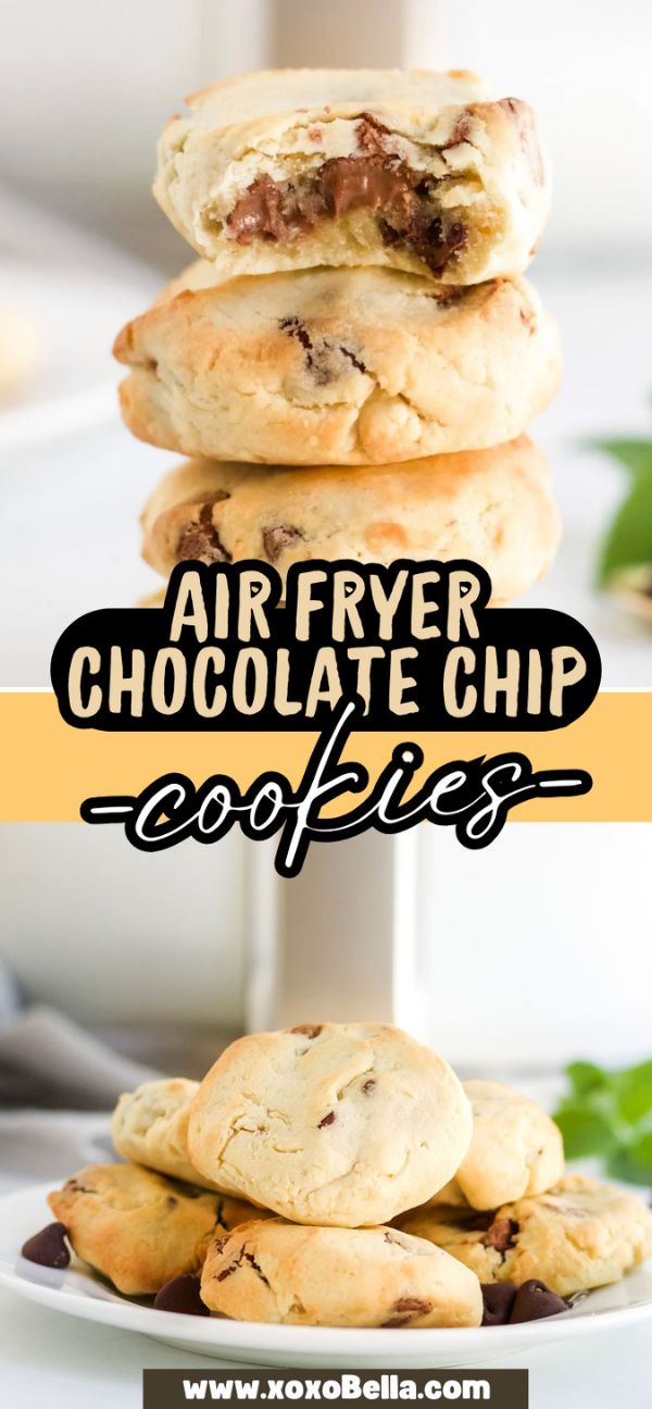 Stack of golden brown Air Fryer Chocolate Chip Cookies, one with a bite taken, on a white surface—perfect for anyone craving easy air fryer baking.