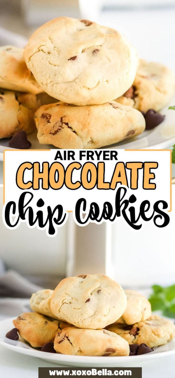A plate of golden air fryer chocolate chip cookies, piled high and ready to eat—perfect if you’re curious about how to make air fried cookies at home.