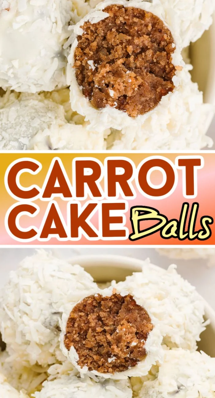 A close-up of carrot cake coconut truffles covered in white coating and coconut flakes, one cut open to show the moist inside—perfect Easter treats with printable label for gifting.