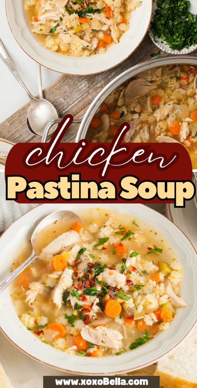 Bowl of Italian chicken soup with pasta, made with leftover rotisserie chicken, carrots, parsley, and a spoon, shown on a white table.