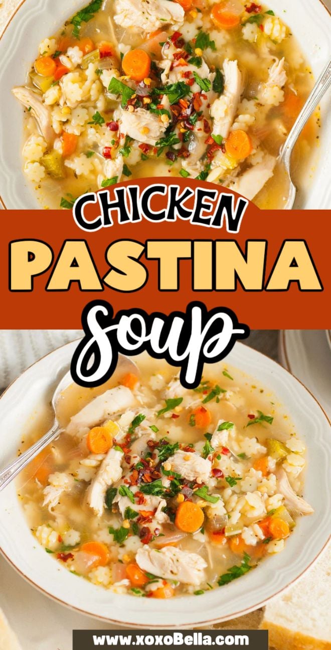 Two bowls of Italian chicken soup with pasta, featuring tiny star shaped pasta, carrots, and fresh herbs—made easy with leftover or rotisserie chicken. Garnished and ready to enjoy with spoons.