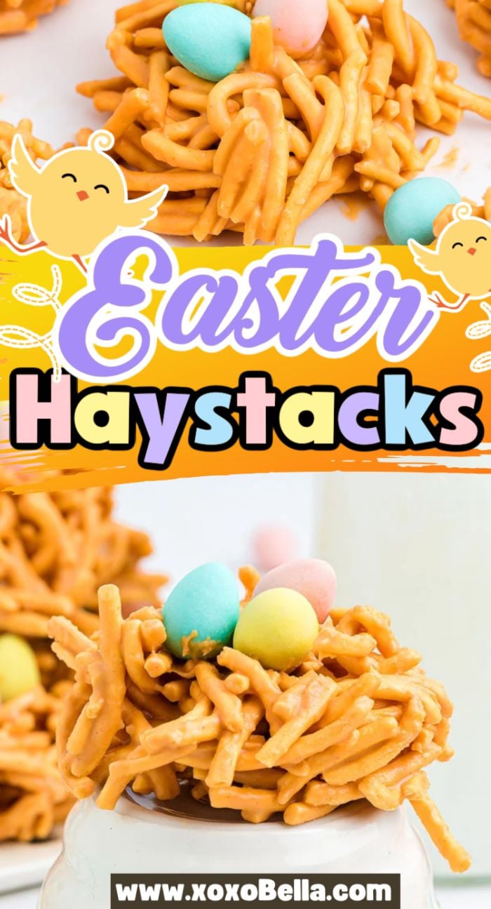 Close-up of No Bake Treats—Easter haystack delights made as chow mein noodle nests, topped with candy eggs, festive text, and cute chick illustrations.