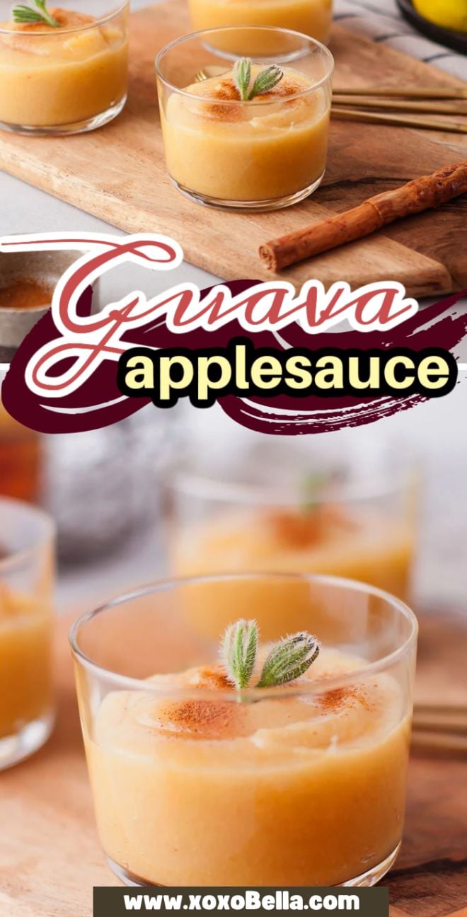 Three glasses of guava applesauce, made from scratch and topped with cinnamon and mint leaves, are placed on a wooden board—an inviting twist on classic applesauce variations.