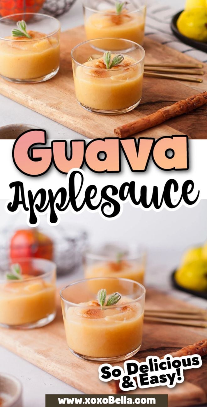 Four glass cups of Guava Applesauce from scratch, garnished with mint and set on a wooden board with cinnamon sticks.