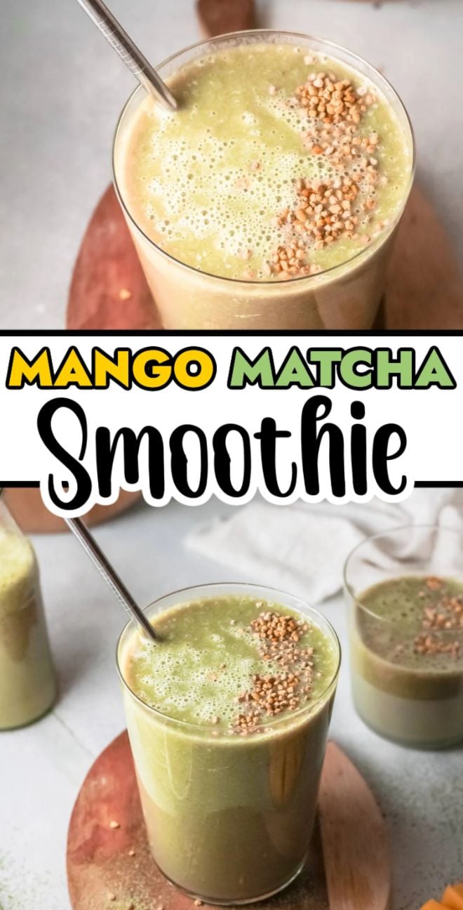 A glass of mango matcha smoothie with almond milk, topped with granola and served with a metal straw. This vibrant green smoothie is both refreshing and nutritious.