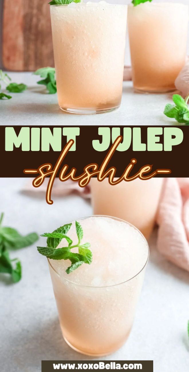 Two frosty mint julep slushies in glasses, garnished with mint sprigs, on a light surface—a refreshing take on the classic Kentucky Derby day drink.