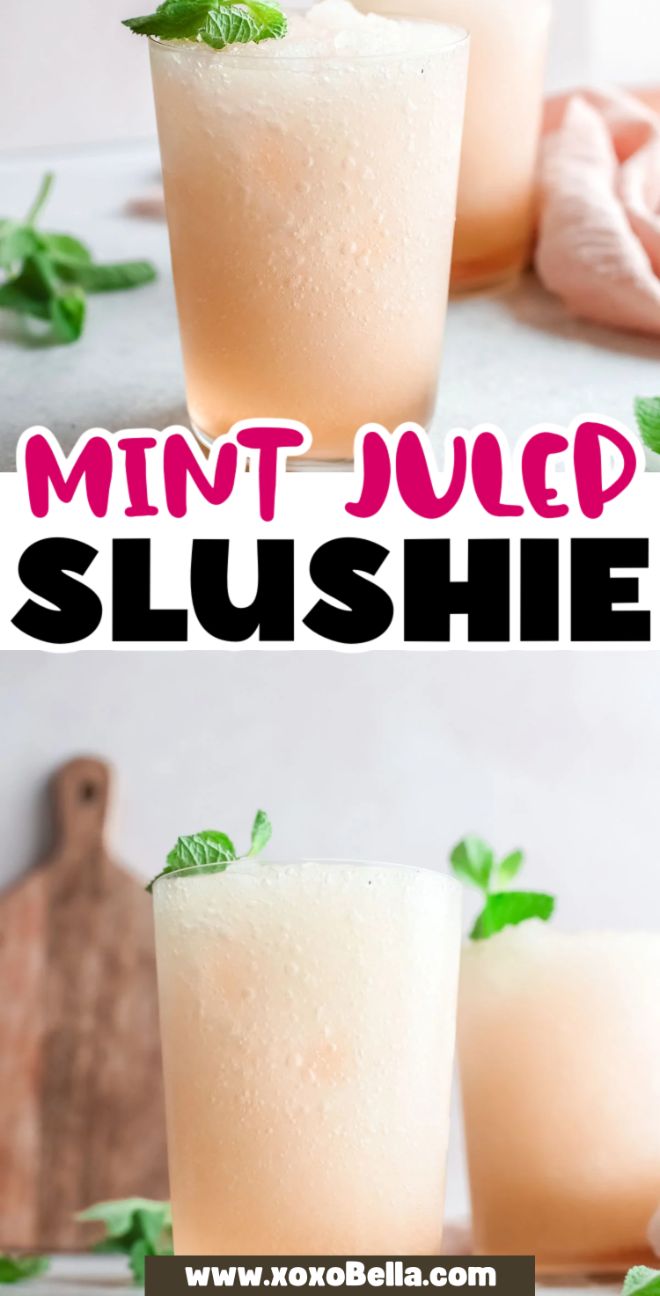 Mint Julep Slushie in glasses garnished with fresh mint leaves sit on a light surface, made extra refreshing with homemade Mint simple syrup. Find the recipe and more details at the website link below.