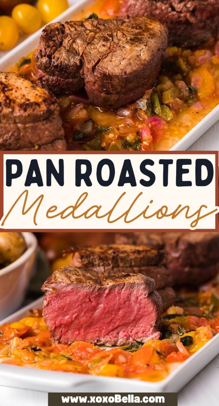 Pan Roasted Beef Tenderloin Medallions on a bed of vegetables, with colorful peppers and cherry tomatoes, served medium-rare on a white plate.