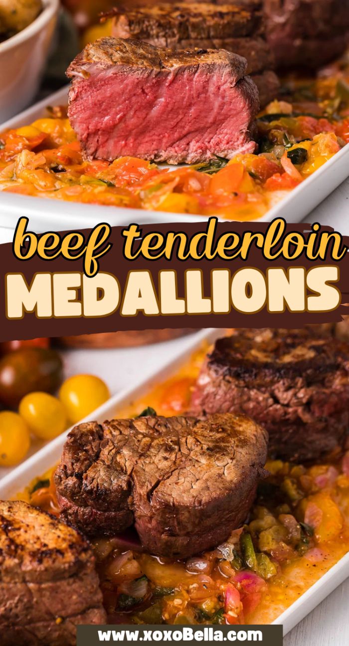 Two Pan Roasted Beef Tenderloin Medallions served on a bed of diced vegetables and peppers, finished with a savory tomato relish sauce, shown sliced and whole.