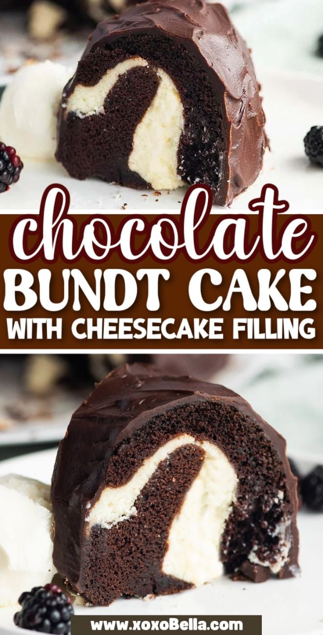 Chocolate stuffed bundt cake with a luscious cheesecake filling, topped with rich chocolate glaze and served alongside berries and whipped cream.
