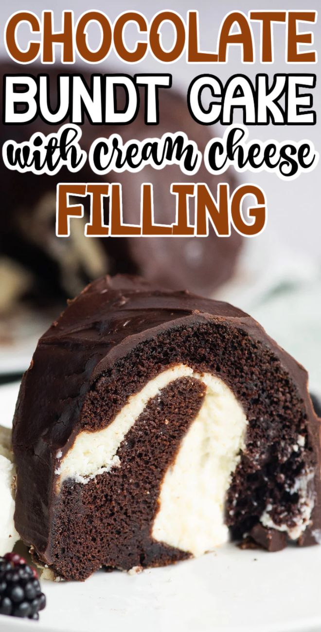 A slice of chocolate bundt cake with a luscious cream cheese swirl and rich chocolate glaze sits on a white plate.
