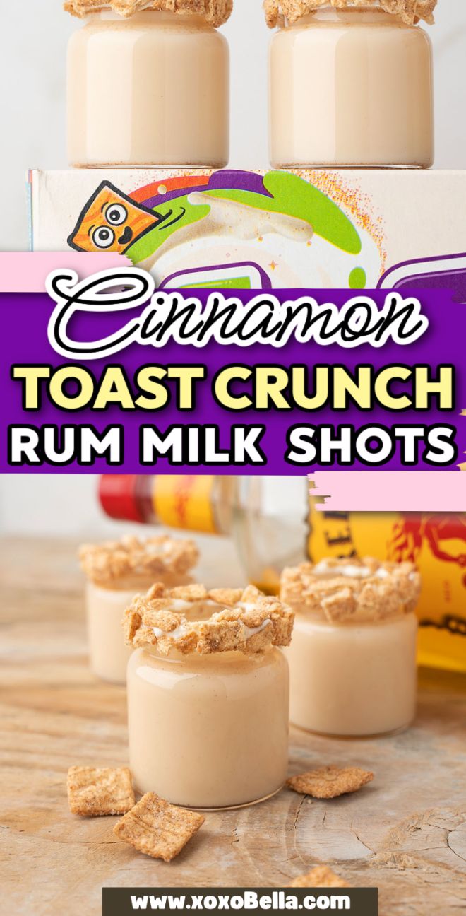 Three glasses of creamy Cinnamon Toast Crunch Shot with crushed cereal rims, next to cinnamon cereal pieces and bottles of rum and cinnamon whisky.