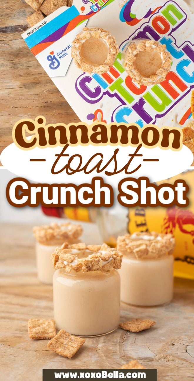 Three creamy Cinnamon Toast Crunch Shots with a cinnamon cereal rim, topped with cereal pieces, and the branded box in the background.