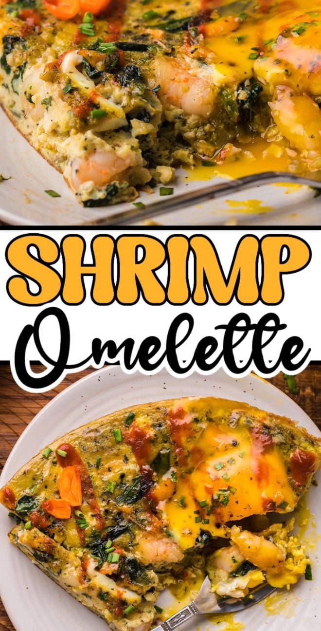 Shrimp Omelette with vegetables, topped with herbs and runny egg yolk, served on a white plate—an ideal seafood omelette for breakfast or brunch.