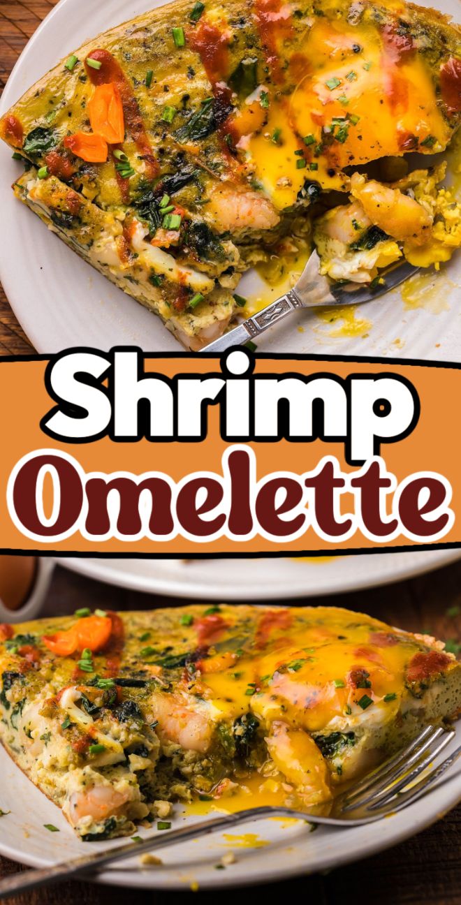 Close-up of a shrimp omelette with melted cheese and vegetables, perfect for breakfast or brunch, served on a white plate.