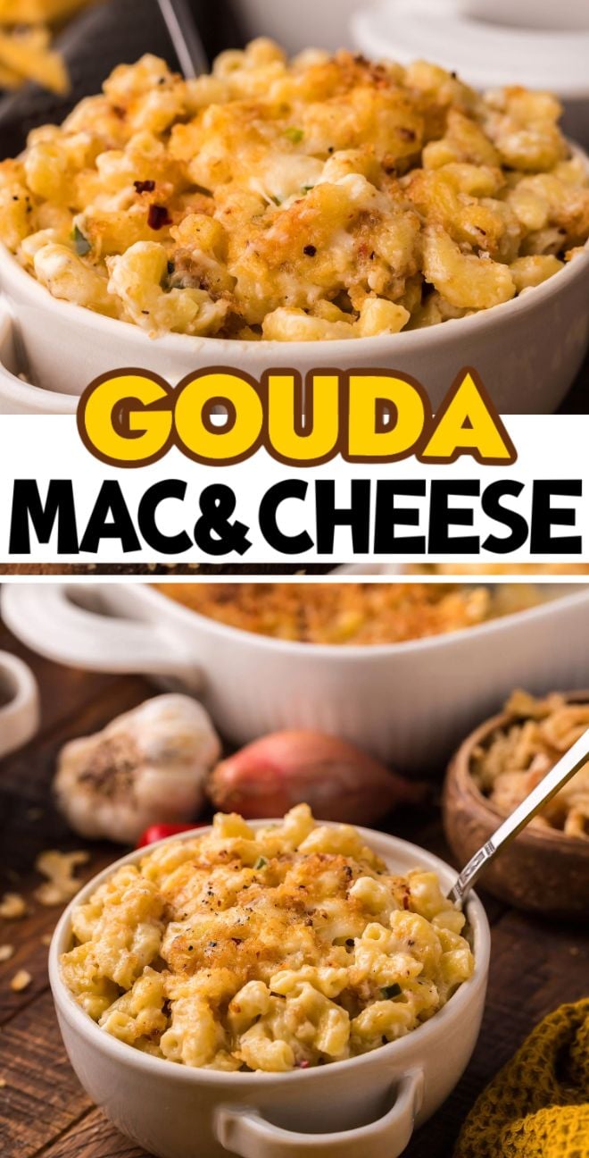 Two bowls of golden-baked Smoked Gouda Mac and Cheese, topped with crispy pancetta and breadcrumbs, on a wooden table—a true grown up mac and cheese delight.