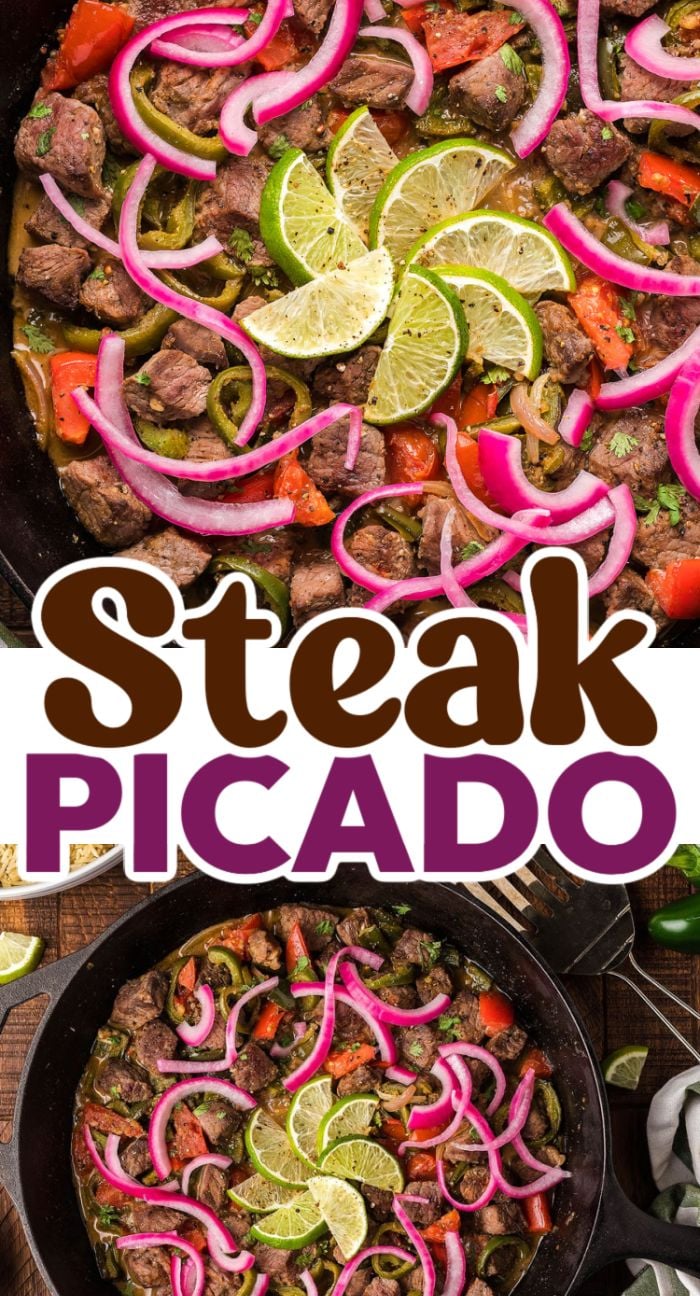 Sliced steak with red onions, peppers, and lime wedges in a cast iron skillet, labeled "Steak Picado," a flavorful Mexican steak dish.
