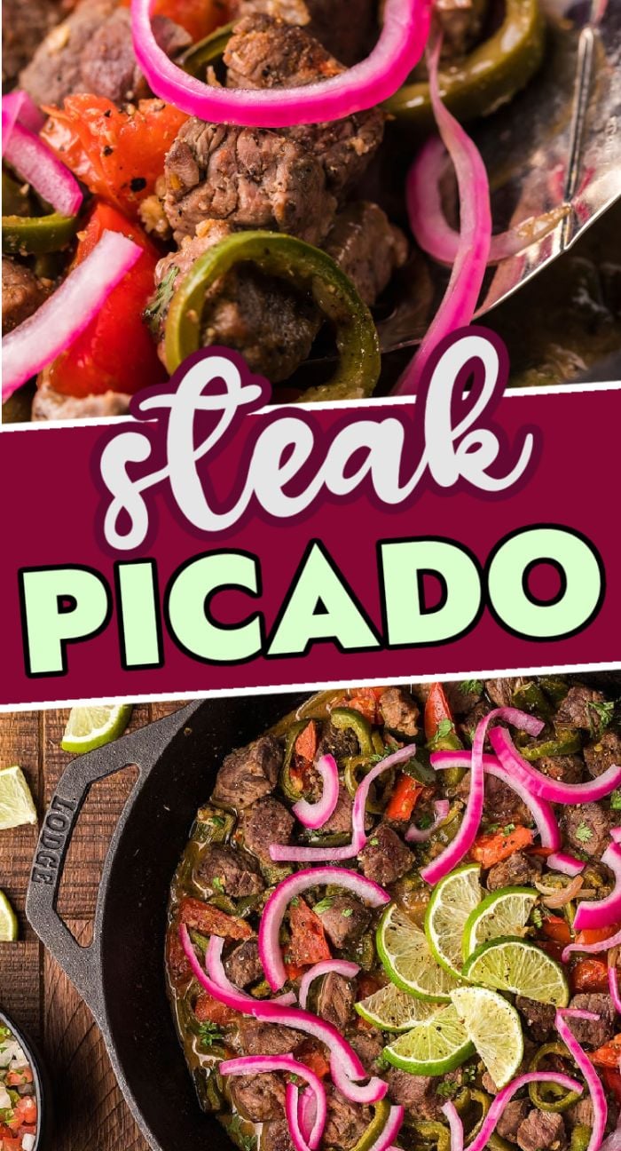 Top-down view of steak picado in a cast iron skillet with bell peppers, onions, and lime slices. Text overlay reads "Steak Picado." Perfect for anyone looking for an authentic carne picada recipe.