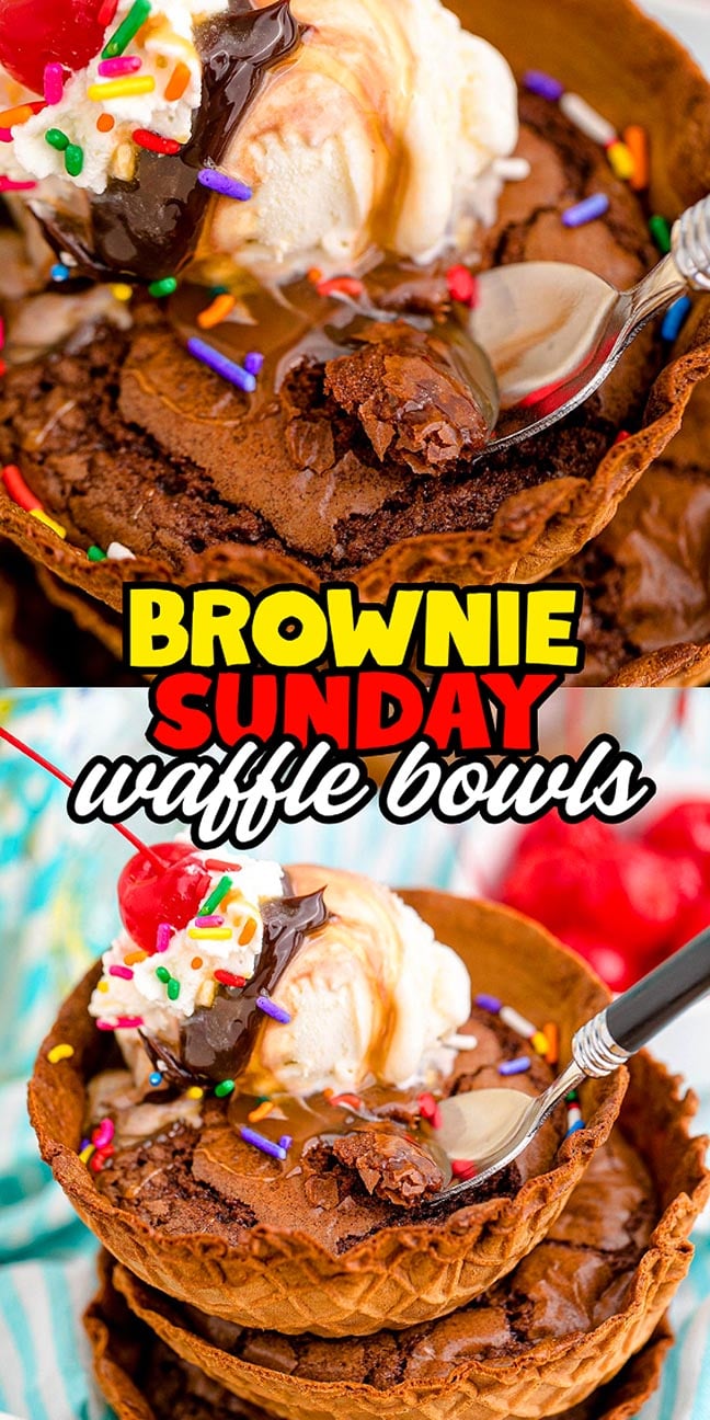 Brownie waffle bowls topped with ice cream, chocolate sauce, sprinkles, and a cherry, with a spoon.