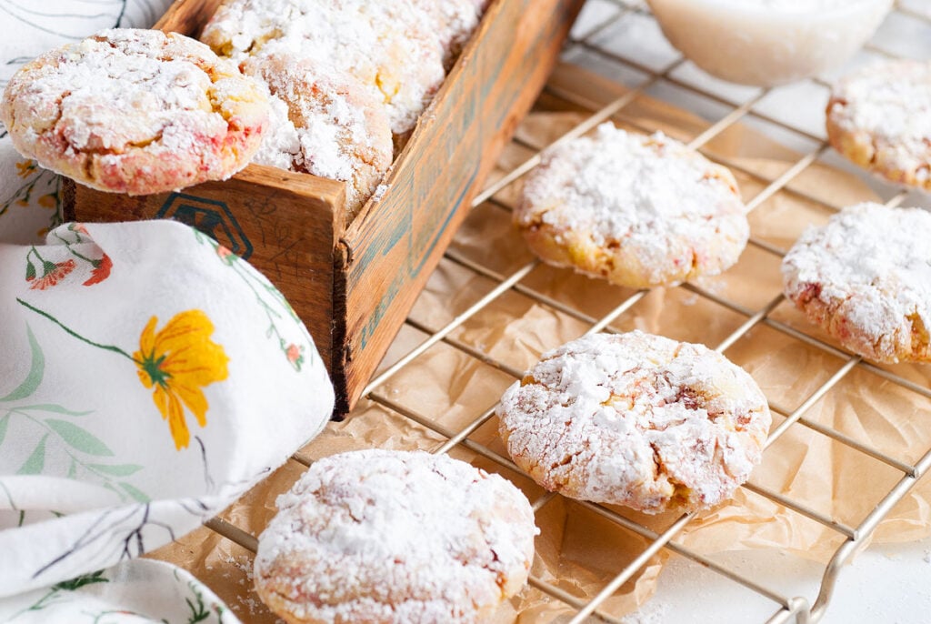 A stack of strawberry cake mix cookies.