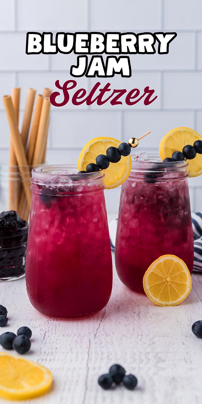 Two glasses of blueberry seltzer with lemon slices and blueberry skewers, with “Blueberry Jam Seltzer” text above.