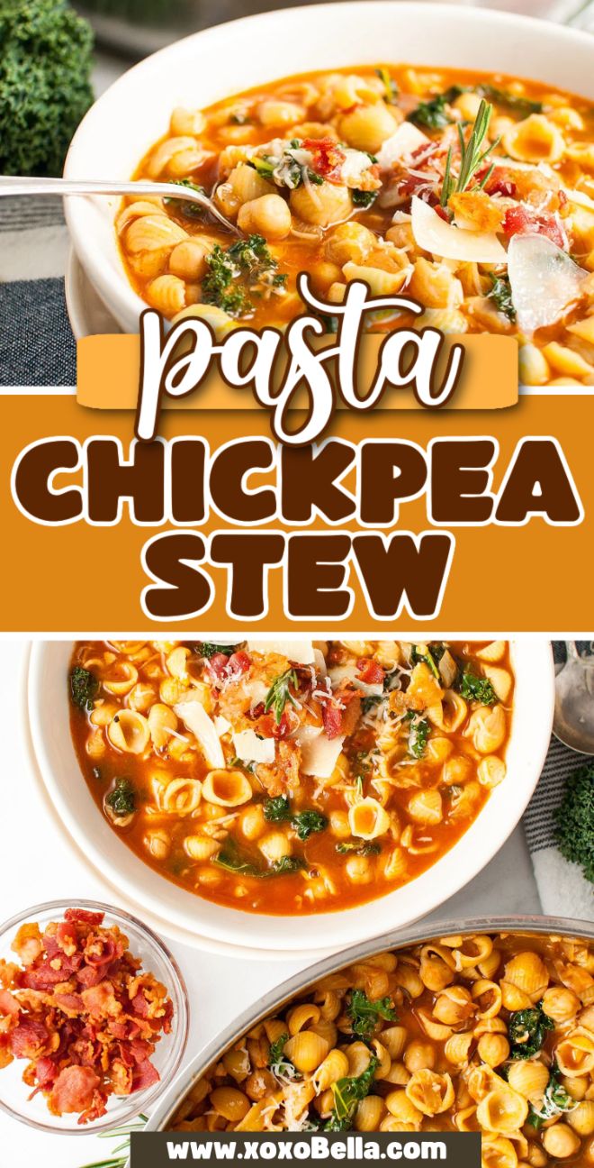 Bowl of hearty Curry Coconut Chickpea Stew topped with herbs and cheese, served with a side of crispy bacon.