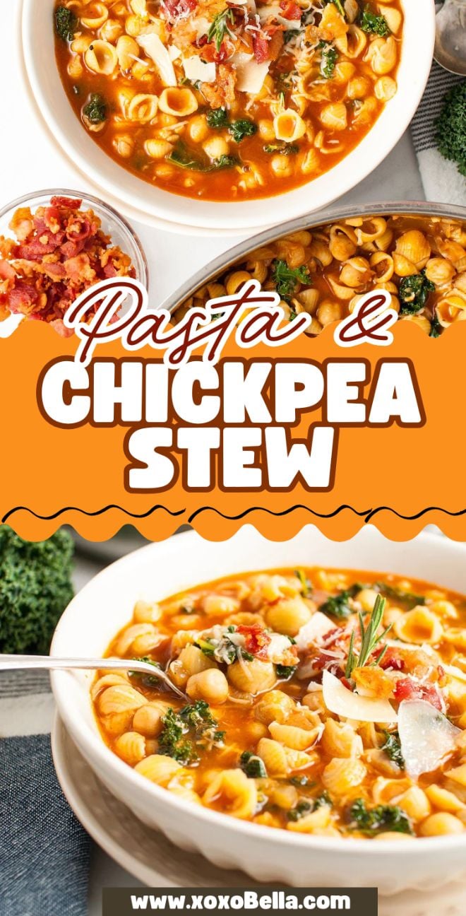 A bowl of pasta and chickpea soup topped with herbs and cheese, with bacon bits on the side.